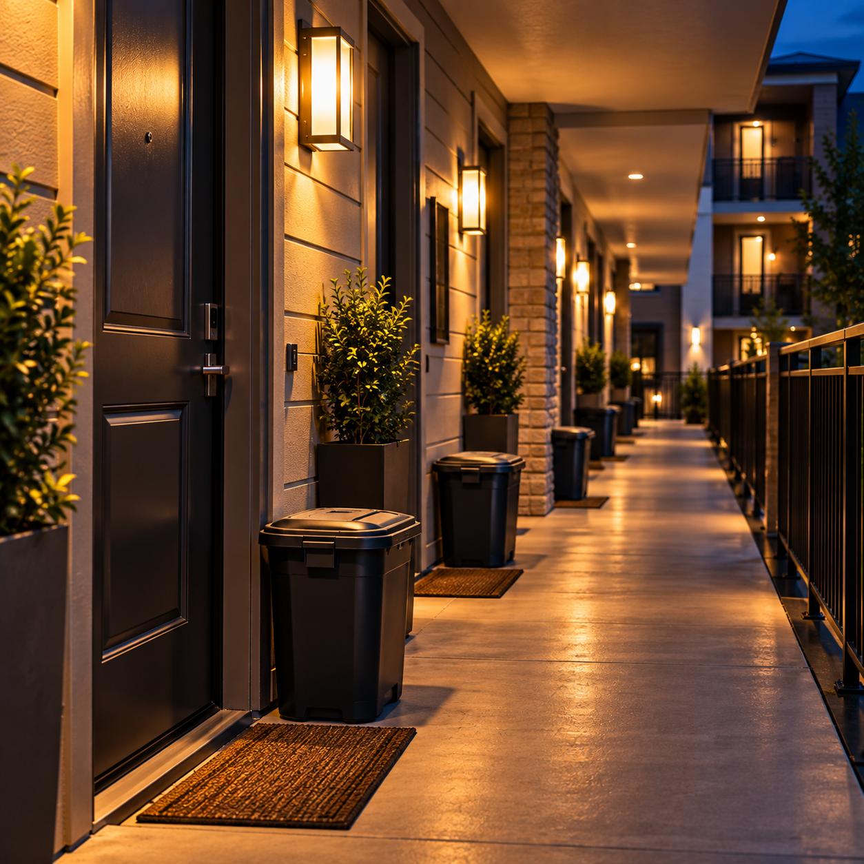 Trash bins set out neatly at apartment doors in the evening