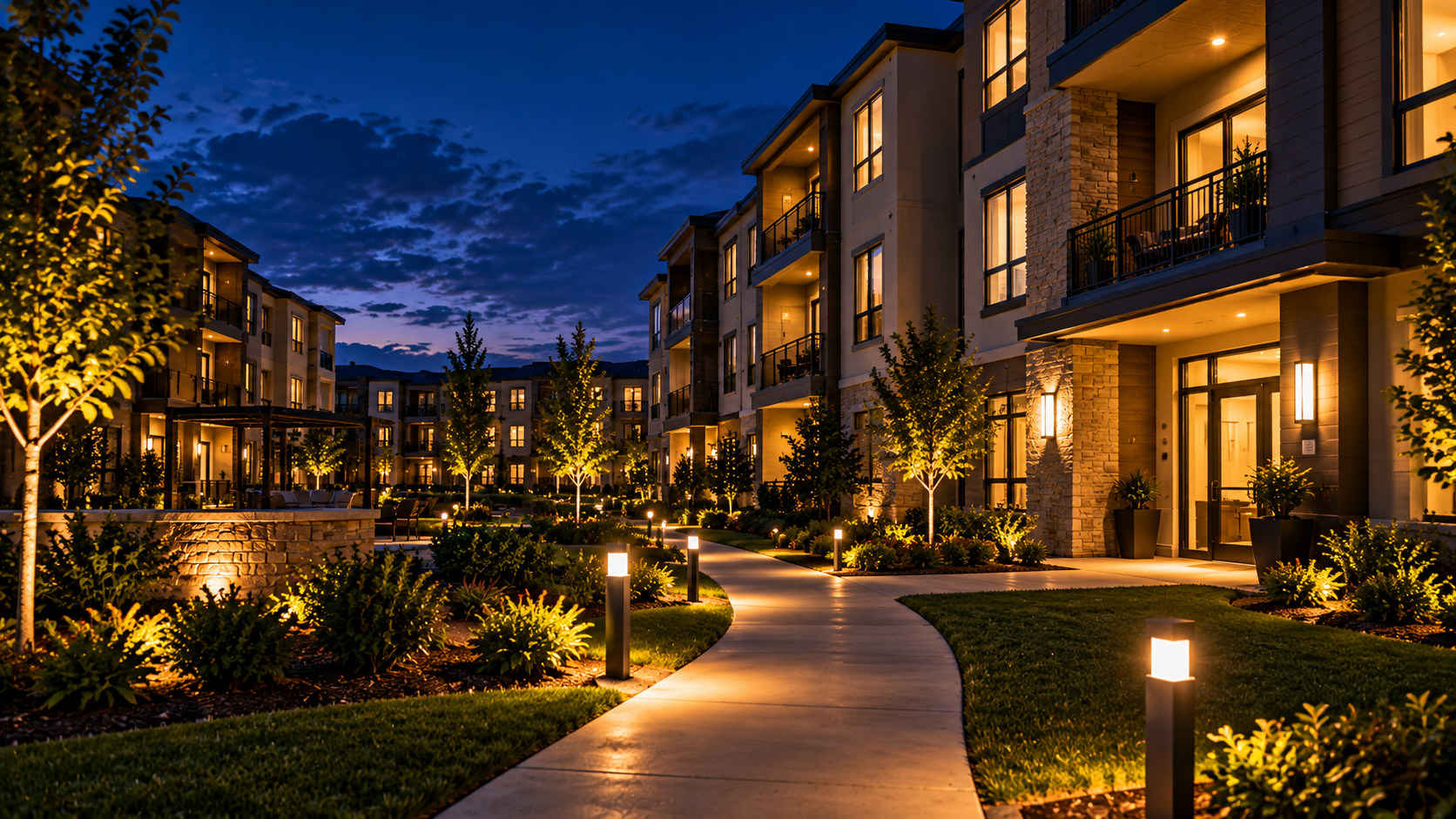 Modern apartment community in the Triangle at twilight